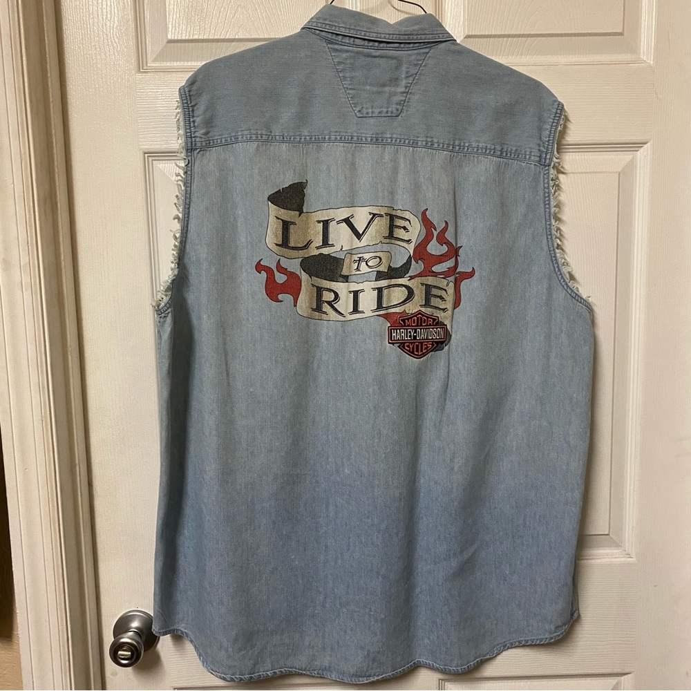 Harley Davidson Motorcycles Mens Denim Sleeveless Button Up "Live to Ride"